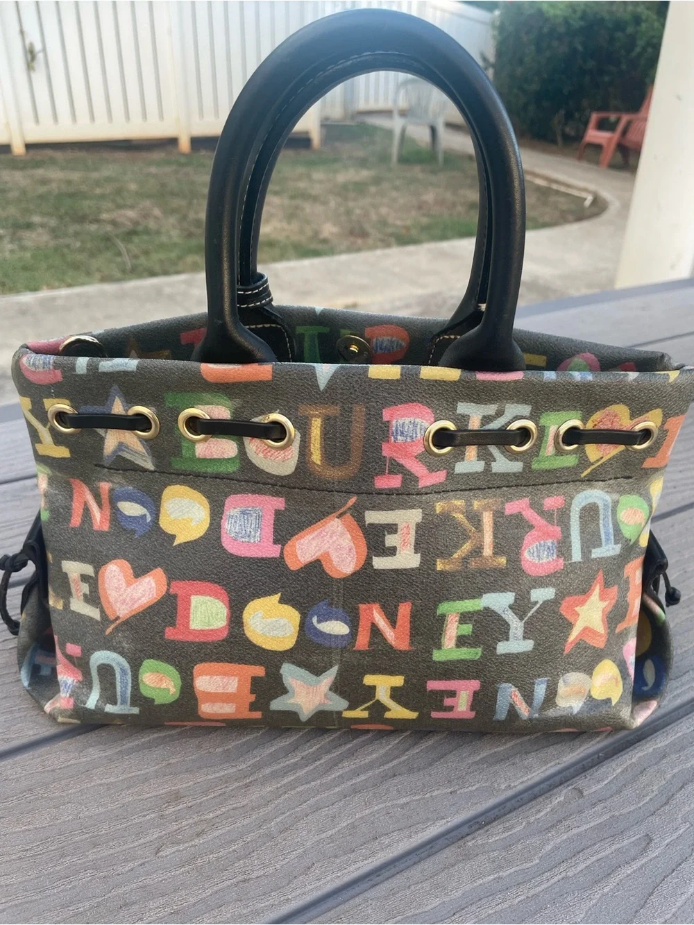 Dooney & Bourke Multicolor Logo Tote with Black Handles and Heart Charm